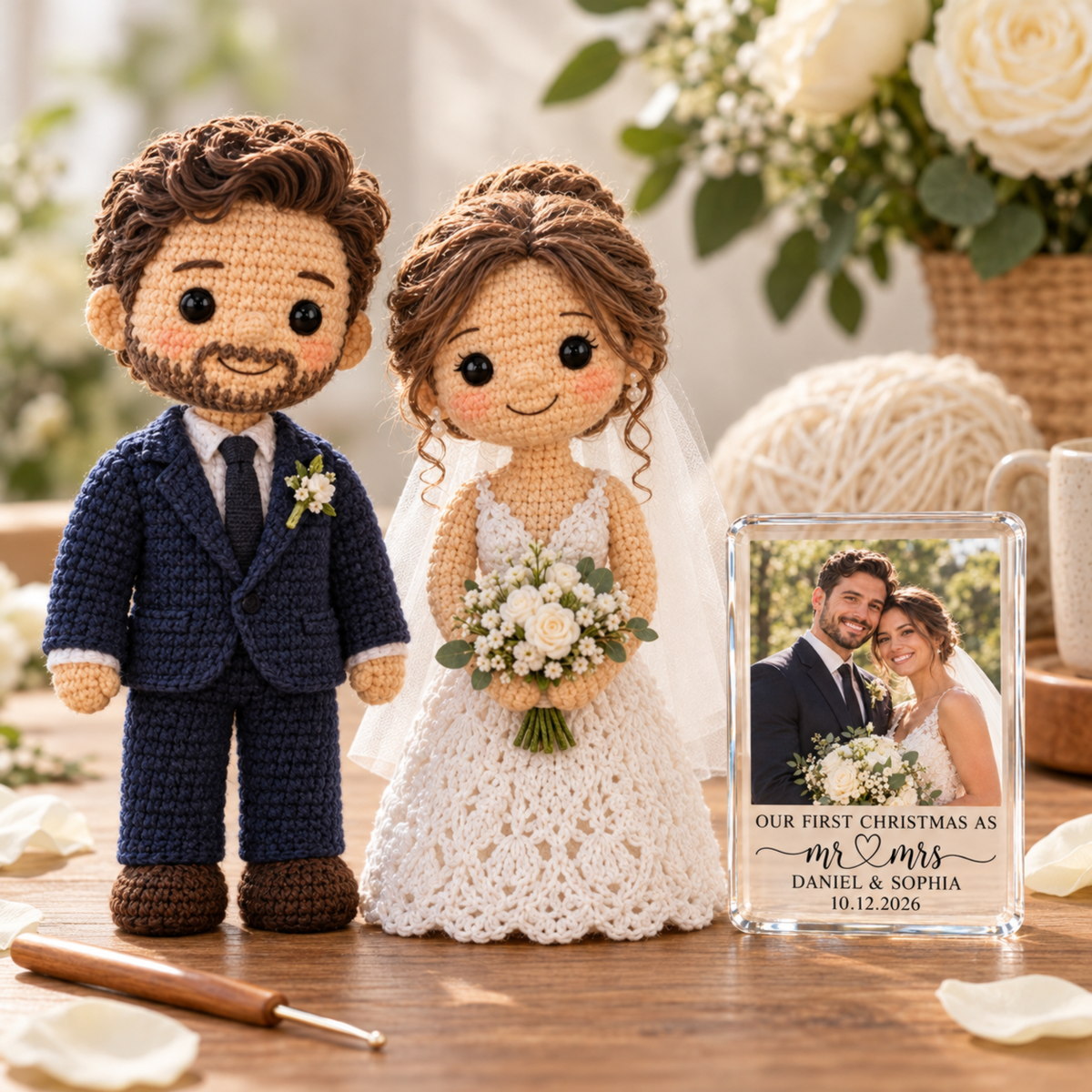 Custom Couple Crochet Dolls With Acrylic Photo Frame