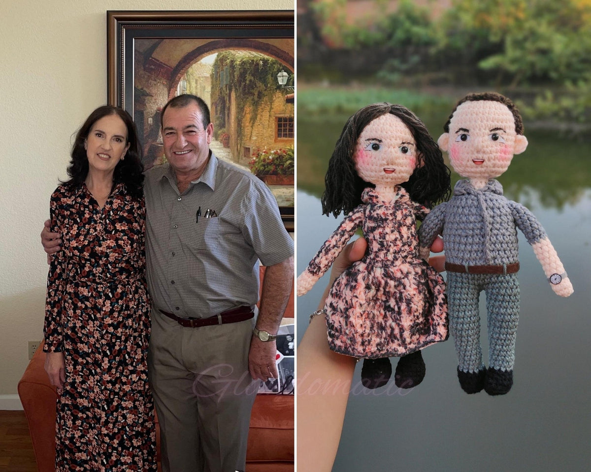 Muñecos de ganchillo personalizados para parejas con marco de fotos acrílico