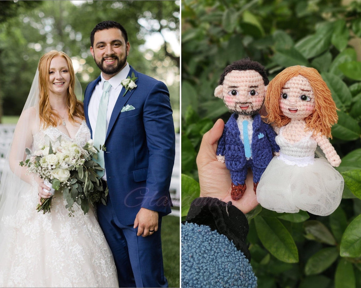 Muñecos de ganchillo personalizados para parejas con marco de fotos acrílico